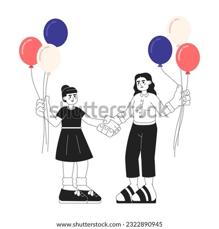 Mother and daughter with patriotic balloons monochrome vector spot illustration. Arab family 2D flat bw cartoon characters for web UI design. 4th independence day isolated editable hero image