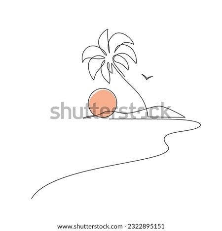 Tropics oasis island line drawing. Abstract tropical landscape continuous art line with mountains, beach sea, coconut palm tree. Vector nature wallpaper for minimal poster, template