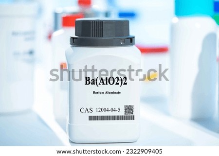 Ba(AlO2)2 barium aluminate CAS 12004-04-5 chemical substance in white plastic laboratory packaging Royalty-Free Stock Photo #2322909405