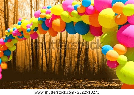pink, orange, yellow, red, green, blue, white holiday balloons, autumn romantic arch, background of yellow leaves, happy Thanksgiving, autumn holiday, banner for designer for postcards, wallpapers