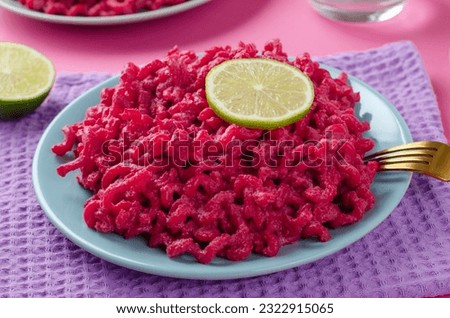 Beetroot Pasta, Barbie Themed Pasta, Trendy Recipe on Bright Pink Background