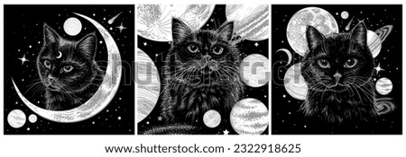 Vector set of 3 posters with black cats on the background of space, stars, planets, moon in engraving style