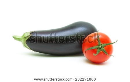 cherry tomato and eggplant isolated on white background close up. horizontal photo.