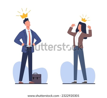 Narcissistic people, man and woman praised and proud of themselves, confidence egocentric attitude. Narcissist business people in crown. Cartoon flat isolated illustration. Vector concept Royalty-Free Stock Photo #2322920301