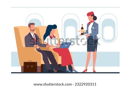 Man in suit and businesswoman are flying on plane in business class. light attendant serving drinks to passengers on board. Stewardess in uniform cartoon flat isolated vector concept Royalty-Free Stock Photo #2322920311