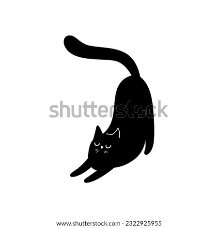 Stretching Black Cat Illustration. Hand drawn kitten character