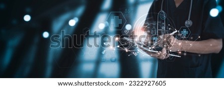 Medical technology, innovation and digital healthcare, doctor using digital tablet analyzing electronic health data connecting with internet network, virtual hospital, futuristic medical technology Royalty-Free Stock Photo #2322927605