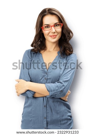 Portrait of happy smiling young brunette woman in red eye glasses, confident wear, isolated on white background. Business studio concept. Copy space blank area for text. Ophthalmology ad.