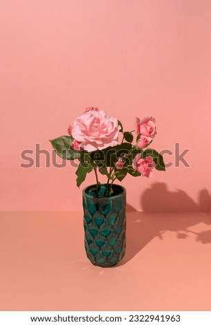 Minimal scene green vase with a bouquet of pink roses on sunny day. Flower arrangement for every day. Royalty-Free Stock Photo #2322941963