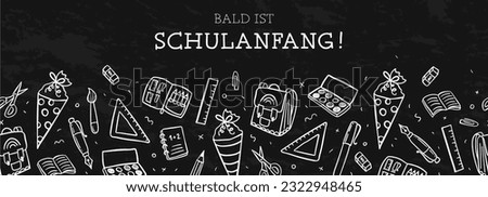 Cute hand drawn back to school seamless pattern with text in German "school starts soon", lovely school supplies, great for banners, wallpapers, wrapping - vector design