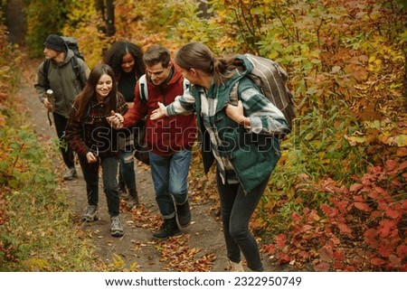 Warm autumn day activity. Beautiful nature. Group of joyful friends spending time together in the forest, doing hiking. Concept of leisure time, weekends, activity, sport. Copy space for ad