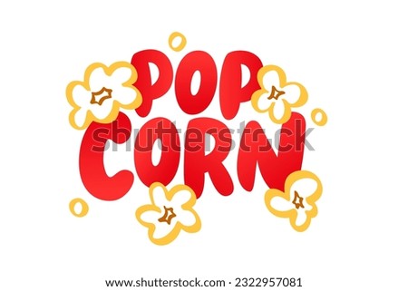 POPCORN logo. Popcorn text with pop corn snack icon. Vector illustration popcorn sign. Red color. Graphic design for pop corn pack. Fast food Exploding label for bucket. Colorful Logo badge Royalty-Free Stock Photo #2322957081