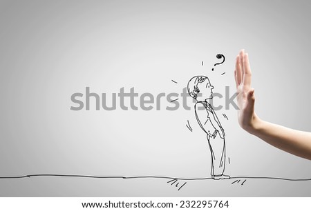Close up of human hand and sketch of businessman