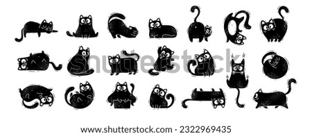 Big set of black cats in linocut style. Cute funny fluffy cats. Royalty-Free Stock Photo #2322969435