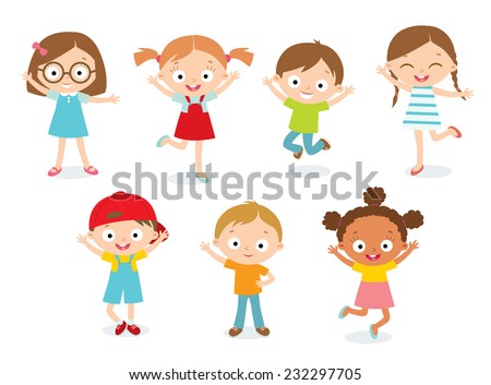 Set group collection of vector cute babies kids characters playing,doing activities in different various poses.Children happily jump,move,greeting with hads up.having fun in fine mood,play,hang around