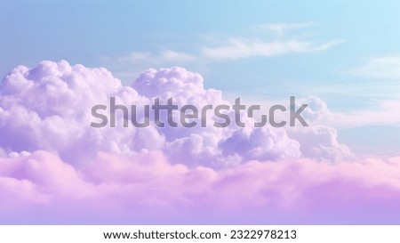 Beautiful sky on colorful gentle light day background. Sunny and fluffy clouds with magical violet and purple color cloud. Picturesque
