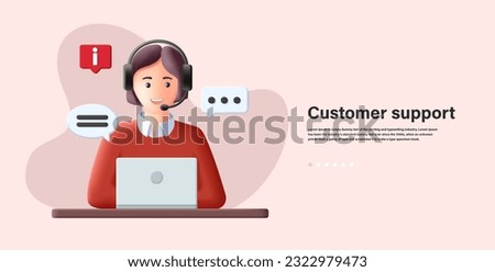 3d render illustration banner of online support center with person in headset with bubbles and laptop, difital banner Royalty-Free Stock Photo #2322979473
