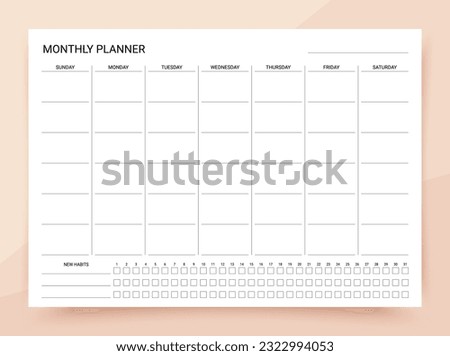 Monthly planner. Timetable for month with habit tracker. Journal page template. Week starts Sunday. Homework organizer. Empty schedule. Simple blank of diary. Paper size A4. Vector illustration. Royalty-Free Stock Photo #2322994053