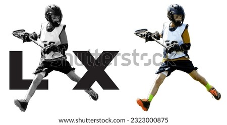 Grayscale and color versions of silhouetted adolescent male lacrosse player running carrying ball. Greyscale version using isolated image to create the abbreviation LAX Royalty-Free Stock Photo #2323000875