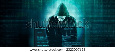 online cyber security  concept with anonymous hacker and code background Royalty-Free Stock Photo #2323007653