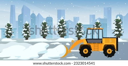snow plow truck service, snow plow truck remove snow during winter storm vector illustration, Snowplow Tractor clear snow from pedestrian zone Royalty-Free Stock Photo #2323014541