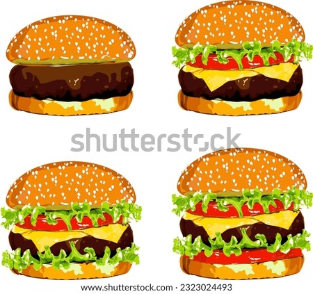 Burger Silhouette Icon on White Background.Colorful Fast food vector isolated on white background.Burger with soft drink and French fries vector icon. - Vector
