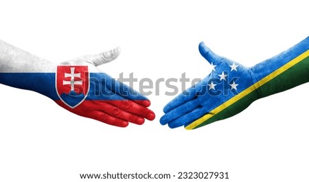 Handshake between Solomon Islands and Slovakia flags painted on hands, isolated transparent image.
