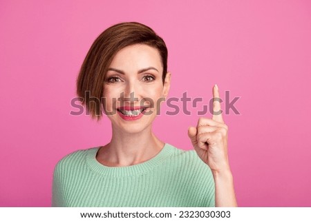 Photo of pretty cheerful lady arm direct empty space beauty procedure isolated on background.