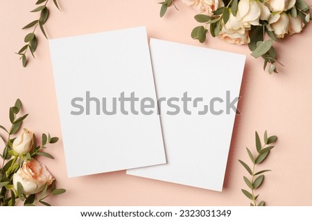 Wedding invitation or save the date card mockup with flowers, blank card front and back sides with copy space