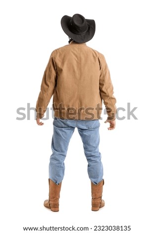 Mature cowboy on white background, back view