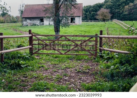 close-up of a wooden fence in agriculture for animals, a fence with a tree for cows and horses