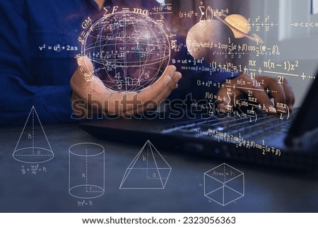 Scientist holding world and surrounding it with physics or mathematical equations showing ideas for solving problems or developing new things. innovation concept. Royalty-Free Stock Photo #2323056363