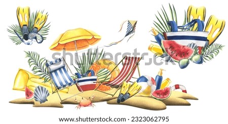 Beach chairs, umbrella, watermelon, sun creams, swimming equipment with tropical leaves on a sandy island. Watercolor illustration, hand drawn. Set of isolated compositions on a white background.