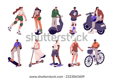 Eco transport types set. People driving modern urban vehicles, bicycle, skateboard, electric scooter, e-board, bike, roller skates. Flat graphic vector illustrations isolated on white background