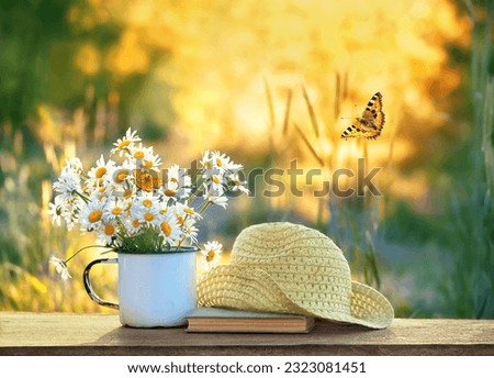 summer nature background. chamomile flowers in mug, butterflies, book and braided hat on table in garden. Beautiful rustic floral composition. relaxation, harmony atmosphere.