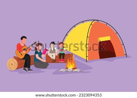 Cartoon flat style drawing of family fun at summer camping spending time together. Dad playing guitar and sing a song with son. Mom reading story book with daughter. Graphic design vector illustration