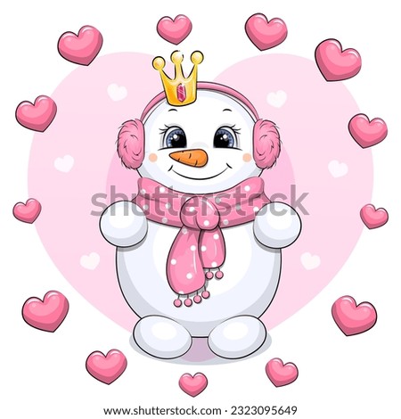 Cute cartoon snowman with crown, pink scarf, pink fur headphones and heart frame. Vector illustration of a white snow girl on a pink background.