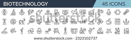 Set of outline icons related to biotechnology, biochemistry, farming, science. Linear icon collection. Editable stroke. Vector illustration