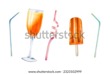 Watercolor set of illustrations of straws for cocktail, glass goblet with orange cocktail and ice creamisolated on white background. Hand painted tube for cocktails. For designers, spa decoration,