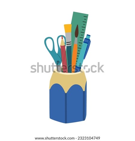 Desktop stand with pencil, pen, scissors, ruler, paintbrushes. Stationery items for school, work, study. Hand drawn vector illustration isolated on white background, flat cartoon style.