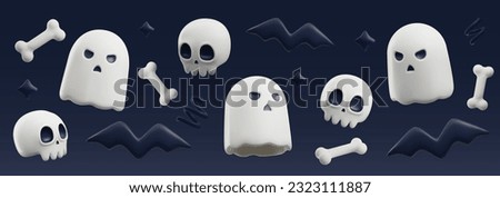 Website banner template with scary ghosts, skulls and bones, bats 3D style, vector illustration isolated on dark background. Decorative for Halloween design, mystic emotional characters