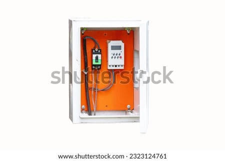 Old breaker small broken electrical is damaged. Temporary distribution electric control outdoor for business Main substation power button to distribute electricity supply. Isolated on white background Royalty-Free Stock Photo #2323124761