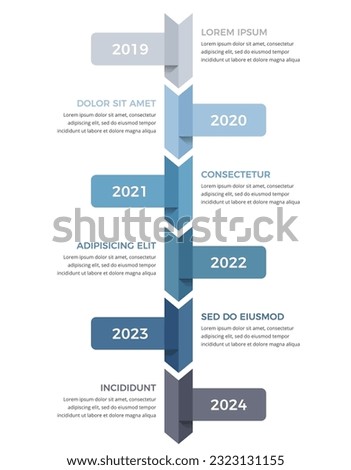 Vertical timeline infographics template with six arrows with place dates and text, vector eps10 illustration Royalty-Free Stock Photo #2323131155