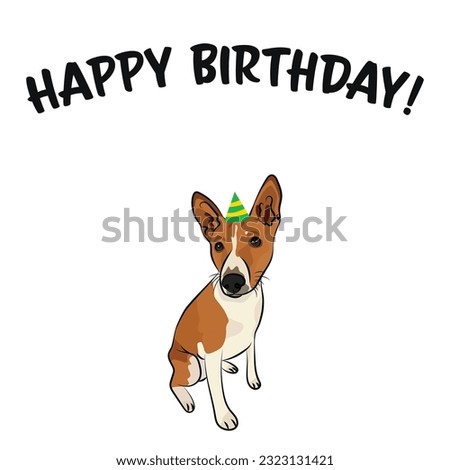 Happy birthday card with dog, holiday design. Present for a dog lover. Funny cartoon dog breed illustration.  Minimalistic white card. Fun Basenji dog in hat character party postcard. Purebred friend.