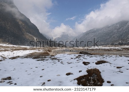 Yamtham valley. Snowfall. Snow with mountain high quality picture.