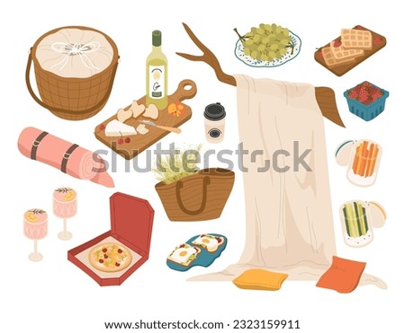 Summer picnic elements set. Pizza, cheese and cherries, vegetables and fruits, blanket and basket. Active lifestyle and outdoor recreation. Cartoon flat vector collection isolated on white background