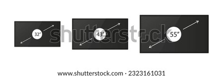 Realistic screen 32, 43, 55 inches collection. Screen inches size. Screen diagonal size in 32, 43, 55 inches. Screen icon set in realistic style on transparent background. Vector illustration Royalty-Free Stock Photo #2323161031
