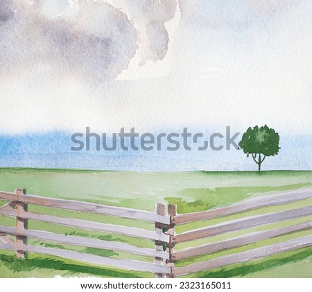 Watercolor landscape illustration. Fields and skies background. Hand painted travel concept banner. Road trip card design. Camping themed background.