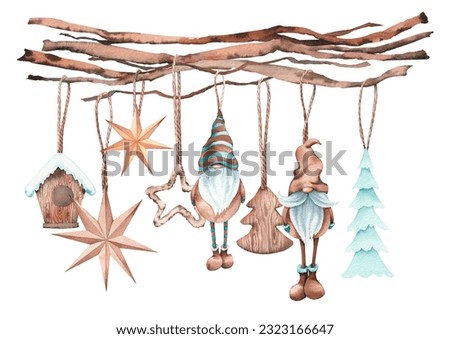 Christmas arrangement with twigs, cute gnomes and wood decoration. Watercolor illustration isolated on white background.