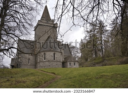 Landscape view in rear of the Crathie Kirk Church in Scotland